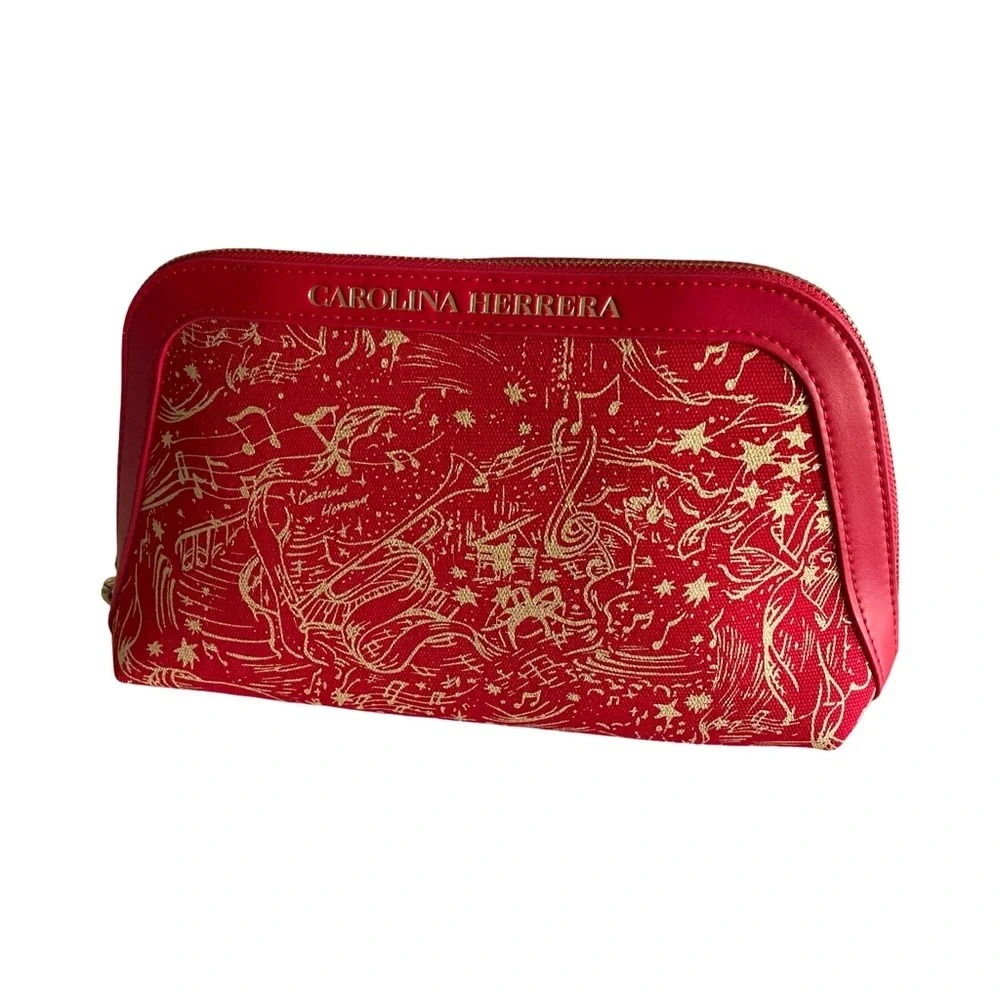 Carolina Herrera Red & Gold Cosmetic Bag Makeup Pouch Zip Travel Case